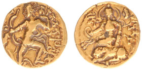 India - Imperial Guptas - Candragupta II Vikramaditya (c. 376-412 AD) - Lion-slayer Type, AV dinara, 7.76 g, 19 mm, specific gravity 15.9. Obv.: Tall ...