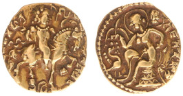 India - Imperial Guptas - Kumargupta Mahendraditya (ca. 415-450 AD) - Horseman Type, AV dinara, 8.08 g, 18.5 mm, specific gravity 14.97. Obv.: Curly-h...