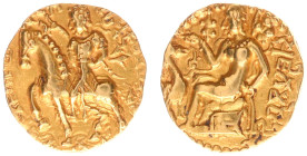 India - Imperial Guptas - Kumargupta Mahendraditya (ca. 415-450 AD) - Horseman Type, AV dinara, 8.14 g, 18.5 mm, specific gravity 14.59. Obv.: Curly-h...