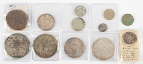 Coins world in boxes - Asia - Lit with 9 coins: India AR rupee AH1047/Ry.10, mint off; Iran AR 5000 Dinars AH1332; Morocco AR dirham AH1266, Marrakesh...