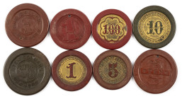 Coins world in boxes - China - Shanghai, Casino fiches (8), China Bakelite Factory, c. 1920’s of different values, 1-100 Dollars (ZENO307490-6, -430-1...