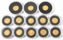 Coins world in boxes - Euro's - Lot with 13x gold coin of various countries (Ghana, Kiribati, Tonga, Turkey, Samoa etc.), all Proof in capsules, all w...