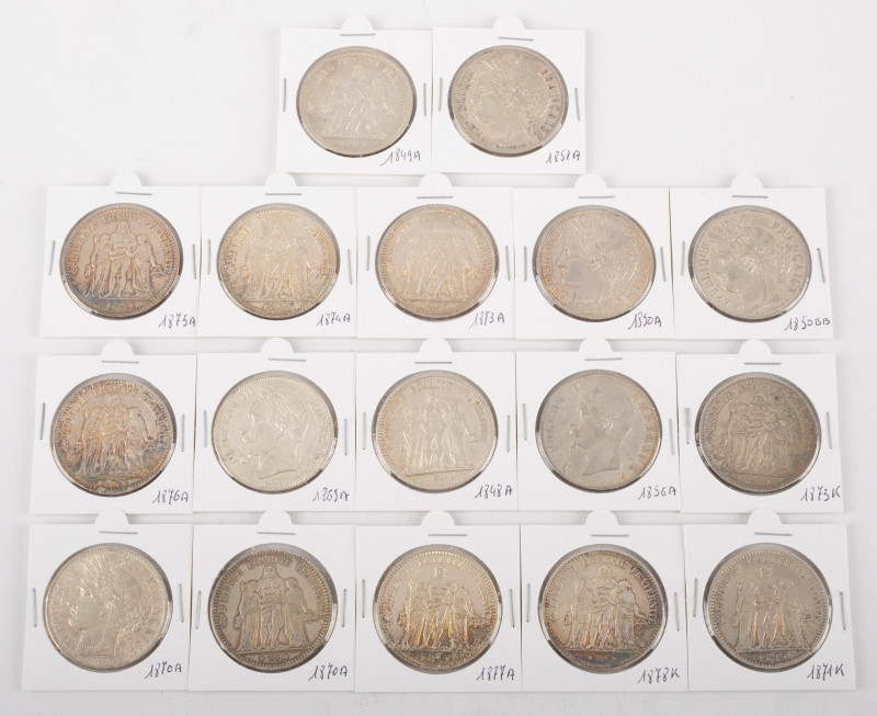 Coins world in boxes - France - Nice lot of 5 francs coins - type Napoleon III, ...