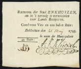 Banknotes Netherlands - Assignaten - Enkhuizen, Stedelijk recepis van 4½ stuivers 1795 - printed in black (P. B40, Kolsky 84, PL390.1.a) – handwritten...