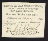 Banknotes Netherlands - Assignaten - Enkhuizen, Stedelijk recepis van 6¾ stuivers 1795 - printed in black (P. B41, Kolsky 85, PL390.2a) – handwritten ...