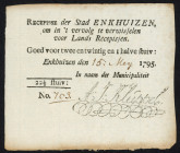 Banknotes Netherlands - Assignaten - Enkhuizen, Stedelijk recepis van 22½ stuivers 1795 - printed in black (P. B42, Kolsky 86 / PL390.3.a) – handwritt...