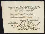 Banknotes Netherlands - Assignaten - Enkhuizen, Stedelijk recepis van 45 stuivers 1795 - printed in black (P. B43, Kolsky 87 / PL390.4.a) – handwritte...