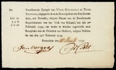 Banknotes Netherlands - Assignaten - Rotterdam, Stedelijk recepis van 4 Gulden en 10 stuivers 1795 - printed in black (PL830.2 / P. B82 / Kolsky 105) ...