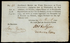 Banknotes Netherlands - Assignaten - Schiedam, Stedelijk recepis van 4 gulden 10 stuivers 1795 – printed in black (P. B92a / PL860.5 / Kolsky -) – han...