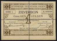 Banknotes Netherlands - 1 Gulden 1916 Silver certificate / Zilverbon (Mev. 02-1a / AV 2.1a / PL2.p1.d1 / P. 8) - Proof with cross perforation, series ...