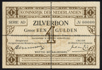 Banknotes Netherlands - 1 Gulden 1916 Silver certificate / Zilverbon (Mev. 02-1b / AV 2.1b / PL2.p1.d1 / P. 8) - Proof with cross perforation, series ...