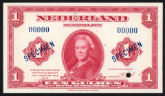 Banknotes Netherlands - 1 Gulden 1943 Convertible treasury note / Muntbiljet Wilhelmina SPECIMEN diagonal in ovpt. In blue, punch hole cancelled (Mev....