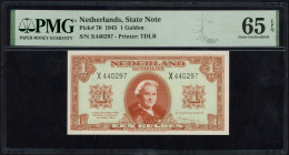 Banknotes Netherlands - 1 Gulden 1945 Convertible treasury note / Muntbiljet (Mev. 06-1aa / AV 6.1a.2 / PL6.a2 / P. 70) - serie X - PMG Gem Uncirculat...