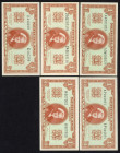 Banknotes Netherlands - 1 Gulden 18.5.1945 Convertible treasury note / Muntbiljet (Mev. 06-1 / AV 6.1 / PL6 / P. 70) - Total 5 pcs. - aUNC/UNC (ex col...