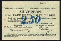 Banknotes Netherlands - 2½ Gulden 1914 Silver certificate / Zilverbon (Mev. 9-1a / AV 8.1a / PL10.a / P. 5) - serie 1 - small stain but rare - XF. (ex...