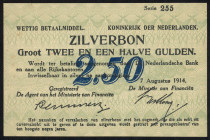 Banknotes Netherlands - 2½ Gulden 1914 Silver certificate / Zilverbon (Mev. 9-1c / AV 8.1c / PL10.c2 / P. 5) - serie 255 - partial wmk "* KN" - XF/AU ...