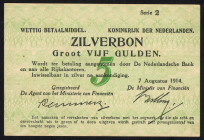 Banknotes Netherlands - 5 Gulden 1914 Silver Certificate / Zilverbon (Mev. 21-1a /AV 16.1a / PL20.a / P. 6) - serie 2 - stained - wmk partial visible ...