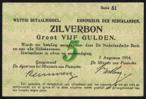 Banknotes Netherlands - 5 Gulden 1914 Silver Certificate / Zilverbon (Mev. 21-1b /AV 16.1b / PL20.b / P. 6) - serie 51 - XF+ (ex collection Toele)