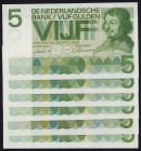 Banknotes Netherlands - 5 Gulden 1966 Vondel I (Mev. 23-1a / AV 18.1 / P. 90a) - aw. 3 consecutive nrs. - Total 6 pcs. in UNC (ex collection Vinkenbor...