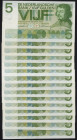 Banknotes Netherlands - 5 Gulden 1966 Vondel I (Mev. 23-1a / AV 18.1 / P. 90a) - Total 15 pcs. in AU/UNC including some consecutives.