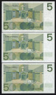 Banknotes Netherlands - 5 Gulden 1966 Vondel I (Mev. 23-1b / AV 18.1d.1 / PL22.c.1 / P. 90) - X-serie - #2XB, 2XE, 4XC - Total 3 pcs. - UNC (ex collec...