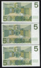 Banknotes Netherlands - 5 Gulden 1966 Vondel I (Mev. 23-1b / AV 18.1d.2 / PL22.c.2 / P. 90) - X-serie - #3XJ, 3XJ, 1XM - Total 3 pcs. - UNC (ex collec...