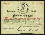 Banknotes Netherlands - Noodgeld - Hoorn - Gemeentelijk noodgeld WO II - 2½ Gulden 14 mei 1940 Serie A no. 0166 (PL590.2) gedrukte tekst met gemeentew...