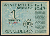 Banknotes Netherlands - Winterhulp - 1 Gulden 1942/43 serie T 215164 - druk groen/onderdruk lichtblauw (PL1401.3r) - stamp gemeente Zierikzee on back ...