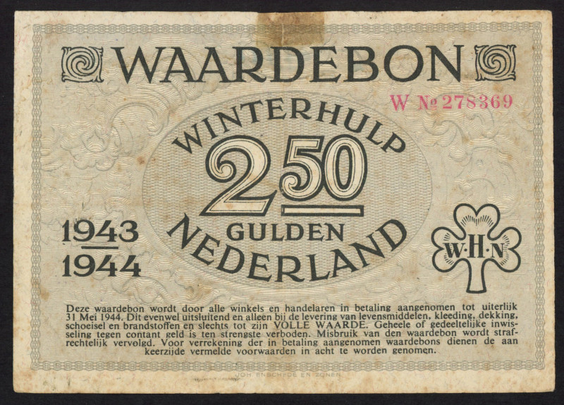 Banknotes Netherlands - Winterhulp - 2½ Gulden 1943/44 serie W 278369 - druk zwa...
