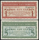 Banknotes Netherlands - Ministerie van Oorlog - 1 + 5 Gulden ND (1954) (Mev. C01-1, C02-1 / P. M1, M2 / PL 1805.1b, 1805.2a) - Canteen money for Dutch...