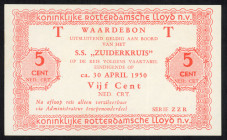 Banknotes Netherlands - Scheepsgeld - Kon. Rotterdamsche Lloyd NV - Koninklijke Rotterdamsche Lloyd NV - S.S. Zuiderkruis 5 Cent 'T' (PL1617.1.b) - se...