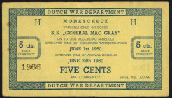 Banknotes Netherlands - Scheepsgeld - Ministerie van Oorlog - Ministerie van Oorlog Nederland / Dutch War Department S.S. General Mac Gray - 5 Cents 1...