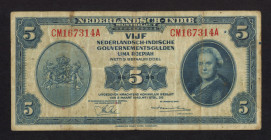 Banknotes Netherlands Oversea - Nederlands-Indië - 5 Gulden 1943 Wilhelmina NICA serie (P. 113) with round type ovpt. in purple on back: probably Timi...