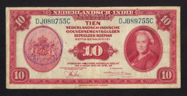 Banknotes Netherlands Oversea - Nederlands-Indië - 10 Gulden 1943 Wilhelmina NICA serie (P. 114) with ovpt. in blue on front: Fd. NOTARIS – S. VAN DER...