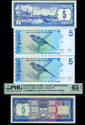 Banknotes Netherlands Oversea - Nederlandse Antillen - 5 Gulden 1980 (P. 15a) - PMG Gem. UNC 65 EPQ, 5 Gulden 1984 (P. 15b), 5 Gulden 1986 + 1994 Troe...