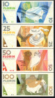 Banknotes Netherlands Oversea - Aruba - 10, 25, 50 + 100 Florin 1.12.2003 Animals / Geometric forms with pre-Columbian Aruban art (P. 16a-19a / PLAR2....