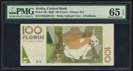 Banknotes Netherlands Oversea - Aruba - 100 Florin 1.7.2008 Frog / Geometric forms with pre-Columbian Aruban art (P. 19b / PLAR2.5d) - PMG Gem. UNC 65...