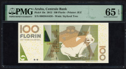 Banknotes Netherlands Oversea - Aruba - 100 Florin 1.12.2012 Frog / Geometric forms with pre-Columbian Aruban art (P. 19c / PLAR2.5e) - PMG Gem. UNC 6...