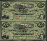 Word Banknotes - Argentina - 5 Pesos Bolivianos 1869 El Banco Oxandaburu y Garbino (P. S1783r) - uncut consecutive pair of remainders - UNC.