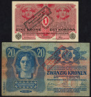 Word Banknotes - Austria - 1 Krone + 20 Kronen 4.10.1920 (old date 2.1.1902) overprinted "Ausgegeben nach dem 4. Oktober 1920" (P. 41, 45) - Total 2 p...