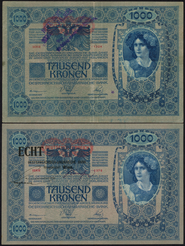 Word Banknotes - Austria - 1000 Kronen ND (1919 old date 2.1.1902) stamped "Note...
