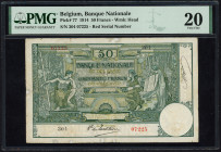 Word Banknotes - Belgium - 50 Francs 1.8.1914 Several allegorical figures at left at right (P. 77 / NBBB-39) - S/N 304 07225 - sign. Babau / De Lantsh...