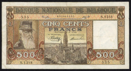 Word Banknotes - Belgium - 500 Francs 28.5.1944 Portrait King Leopold II (P. 127a) - tear upper margin - aVF
