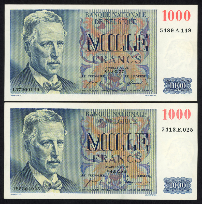 Word Banknotes - Belgium - 1000 Francs 3.5.1955 & 4.2.1958 (P. 131) - Total 2 pc...