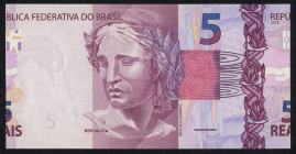 Word Banknotes - Brazil - 5 Reais 2010 Sculpture of the Republic ND, serial #BE 009706357 (P. 253) - Error: miscut - UNC.