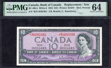 Word Banknotes - Canada - 10 Dollars 1954 Queen Elizabeth II (P. 79b* / BC-40bA) - Star note / Replacement - PMG Choice UNC 64