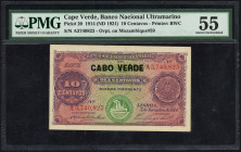Word Banknotes - Cape Verde - 10 Centavos ND (1921 old date 5.11.1914) ovpt. CABO VERDE (P. 20) - Steamship / Allegorical woman - PMG About Uncirculat...