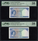 Word Banknotes - Ceylon - Lot of 2 consecutive graded notes of 1 Rupee 1954 (P. 49b) PMG Choice About Unc 58