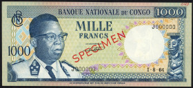 Word Banknotes - Congo - Democratic Republic - 100 Francs 1.8.64 J. Kasavubu at left - SPECIMEN # 249 # J000000 (P. 6s) - aUNC.