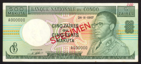 Word Banknotes - Congo - Democratic Republic - 500 Makuta = 5 Zaires 24.11.1967 Specimen, #A000000 (P. 13s1) - rust - UNC.